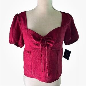 NWT I.N. Studio Short Sleeve Sweetheart Neck Cranberry Top Ruched Back Size L